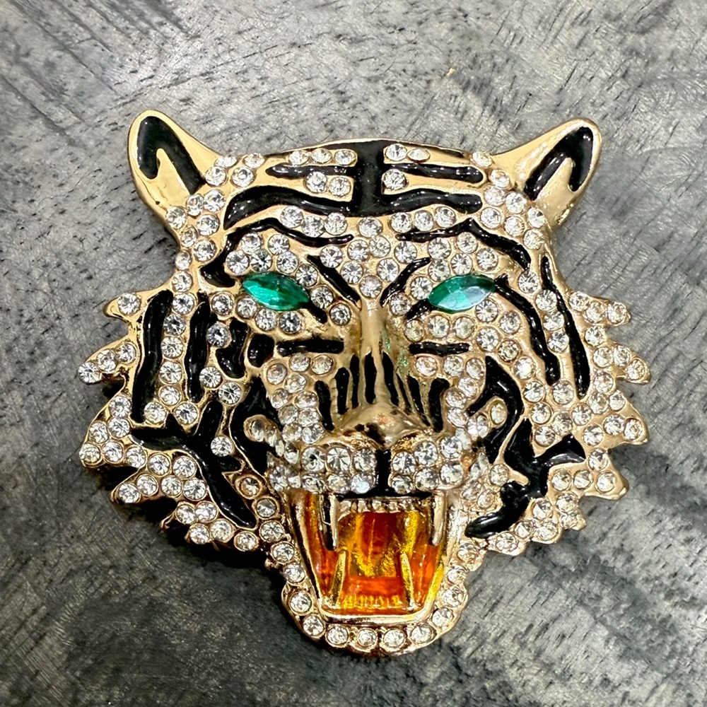 Gold and Black Tiger Brooch with Crystal Accents
